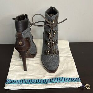 Tory Burch Lawson Bootie Pewter Brown Leather Platform Stiletto Ankle Boots Sz 7